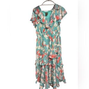 NWOT Taylor‎ Women's Size 14 Tiffany Blue V Neck Ruffle Floral Chiffon Dress